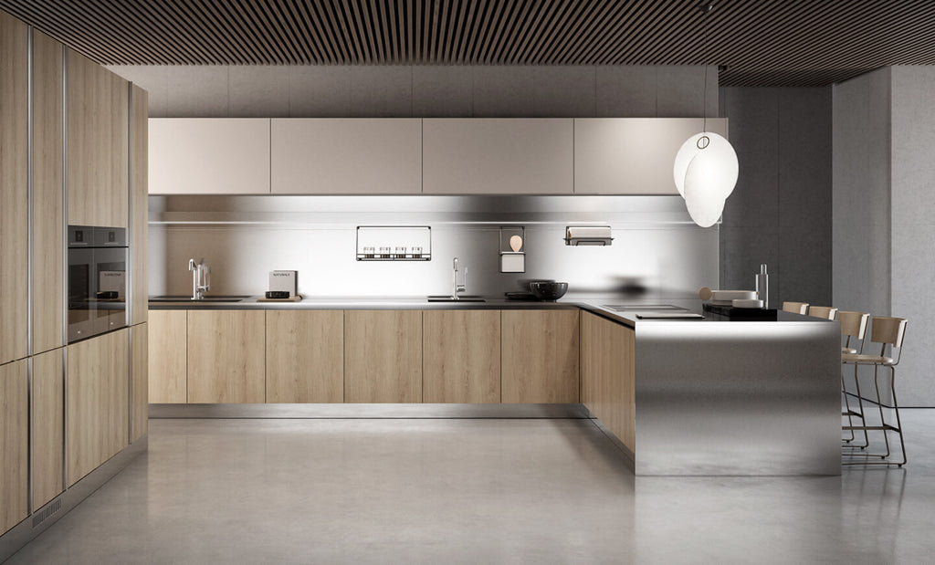 Italian luxury interiors kitchen ventilation cabinet utensils table chairs