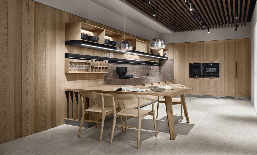 Italian luxury interiors kitchen drawer cabinet table chairs utensils