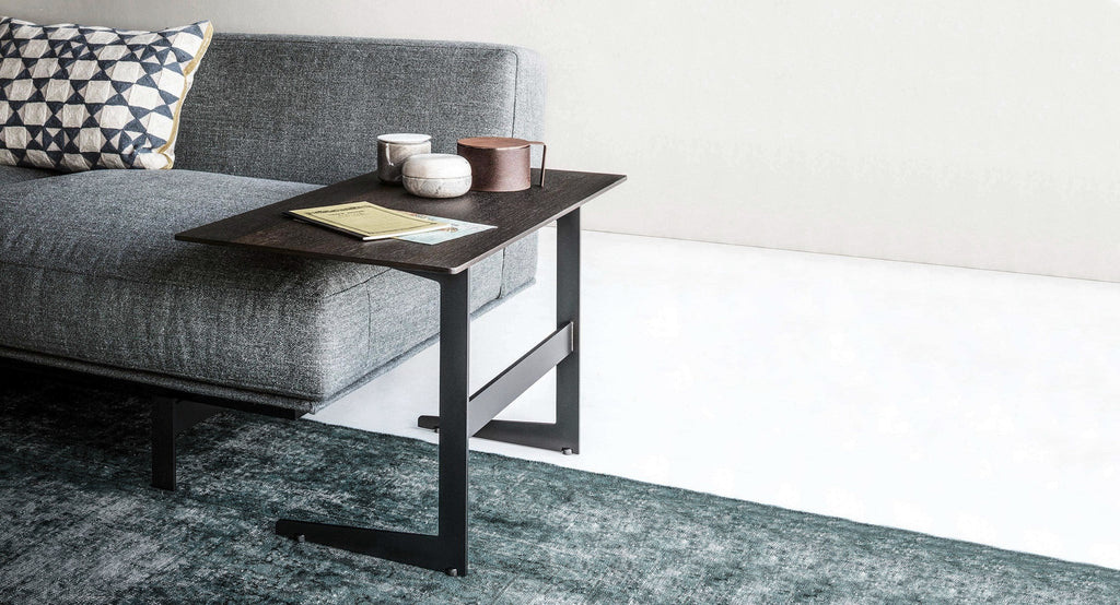 Italian luxury interiors living room custom coffee table side table wood metal frame next to sofa