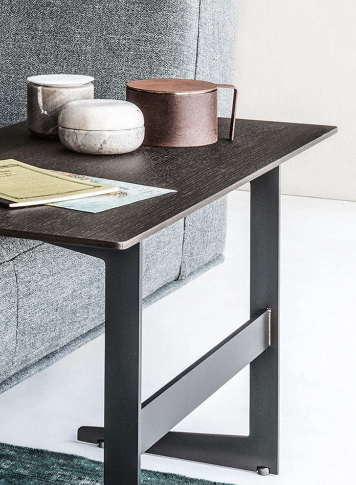 Italian luxury interiors living room custom coffee table side table wood metal frame next to sofa
