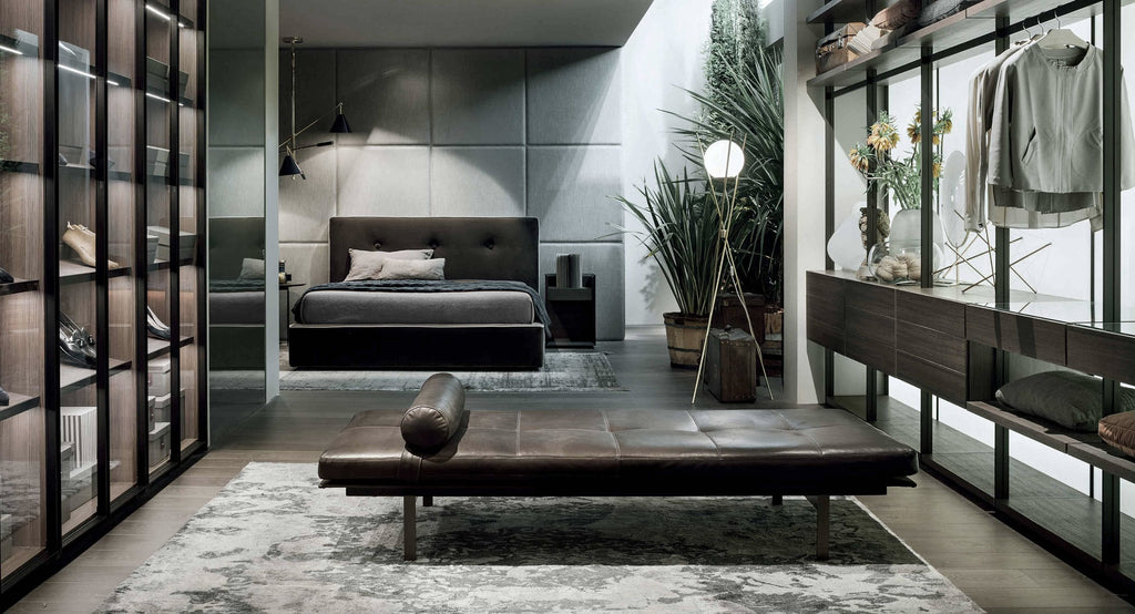 Italian luxury interiors room leather metal frame bed
