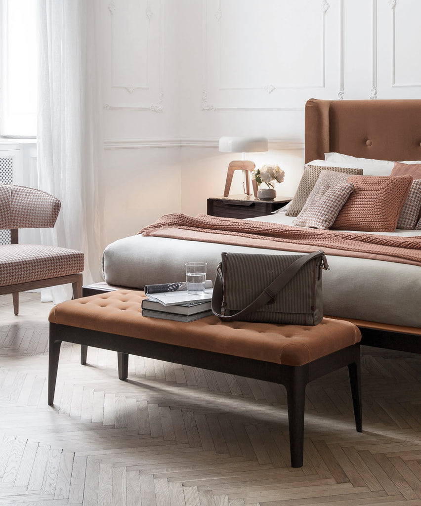 Italian luxury interiors living room indoor wood fabric bench