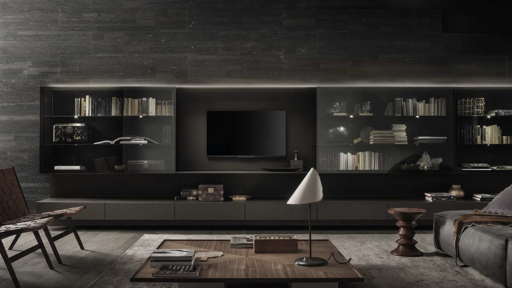 Italian luxury interiors living room TV unit sideboard cabinet drawer book shelving